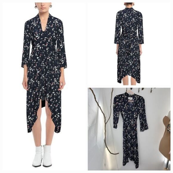 Ba&Sh silia tie waist midi dress marine handkerchief hem - Picture 2 of 16